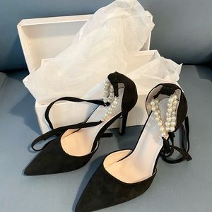 Point Toe Faux Pearl Ankle Strap Stiletto Heels